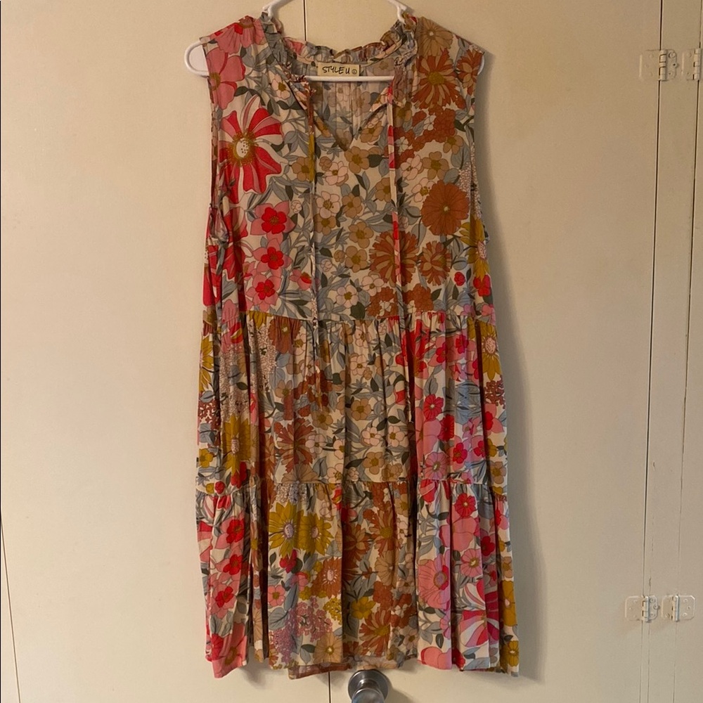 Pink and Yellow Sleeveless Scoop Neck Sundress